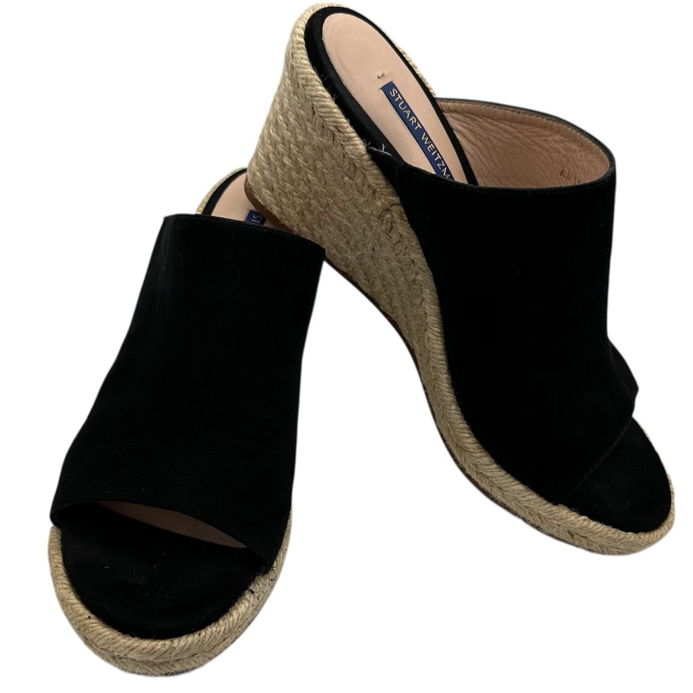 Stuart Weitzman Marabella Black Suede Espadrille Wedge Mules Sandals Size 9.5